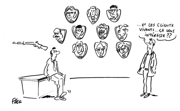 Caricature d’un freelance qui chasse des têtes de clients, illustrant une vision dépassée et violente de la prospection