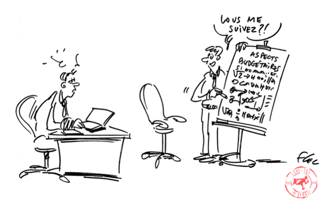 Illustration humoristique d’un freelance qui présente une offre incompréhensible à un prospect, soulignant l'importance de clarifier son offre