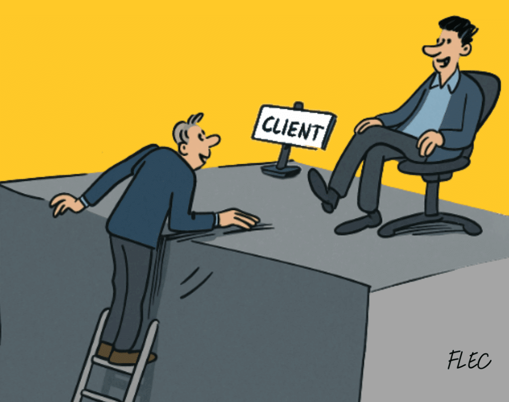 Demande de recommandation : un commercial grimpe une échelle pour atteindre un client assis derrière un bureau