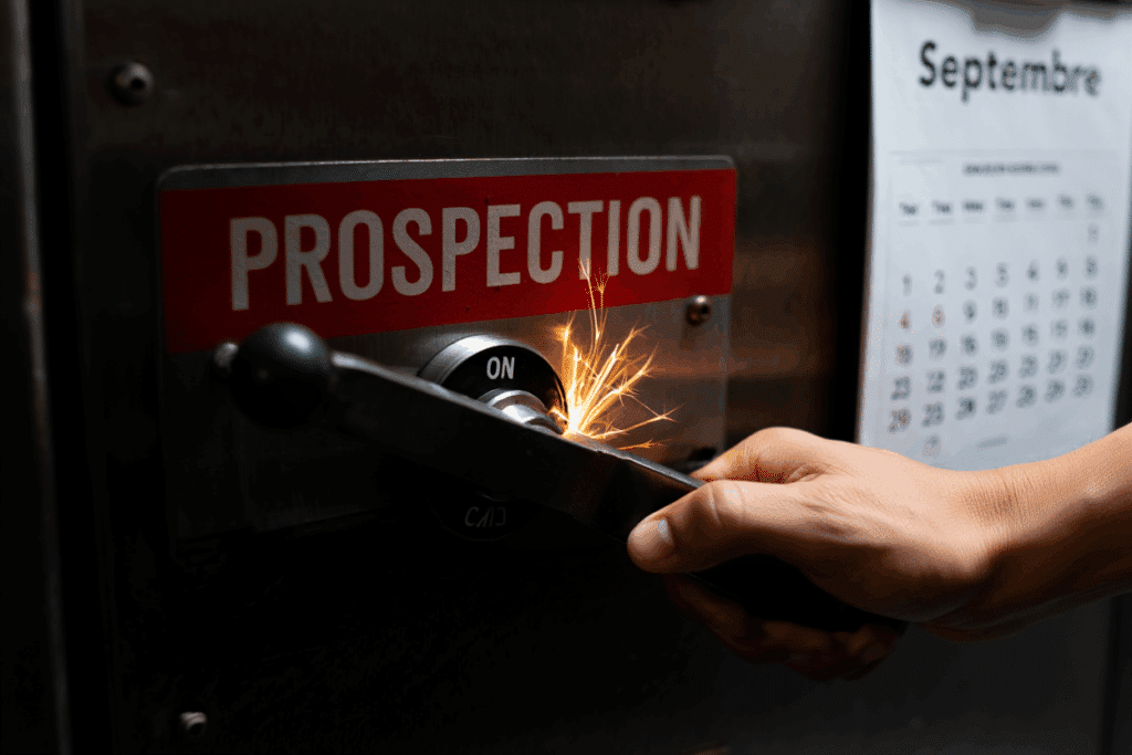 Main actionnant un levier de prospection sur ON avec des étincelles, pour illustrer que la prospection commerciale doit démarrer maintenant.