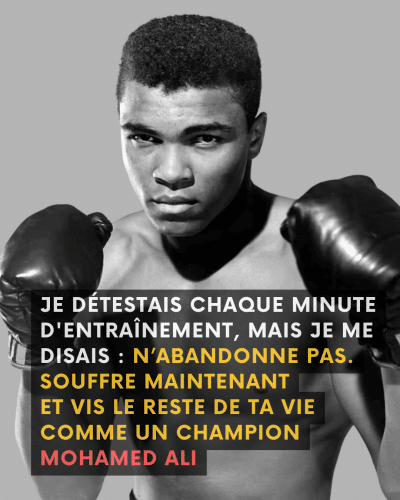 Mohamed Ali illustrant l’effort et la discipline, en métaphore de l’engagement commercial et de la persévérance du vendeur.