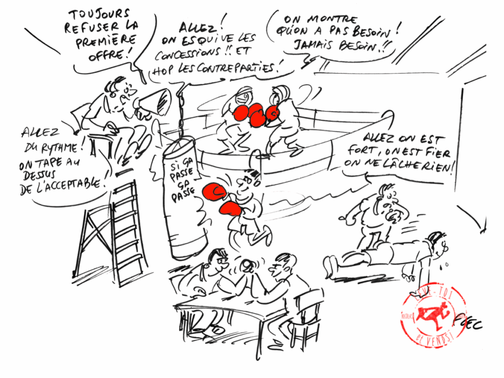 Illustration humoristique montrant des techniques de négociation agressives pour expliquer pourquoi la négociation n’est pas un combat dans l’article “Négocier sans négocier”.