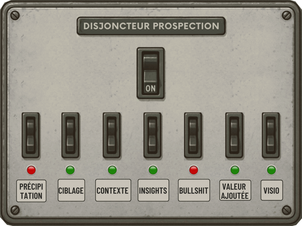 Illustration d’un disjoncteur de prospection avec plusieurs interrupteurs symbolisant les bons et mauvais comportements commerciaux.
