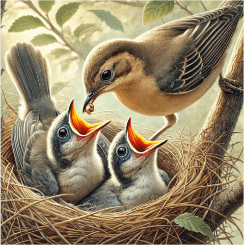 Oiseau nourrissant ses petits – métaphore des commerciaux qui attendent la becquée au lieu de prospecter »