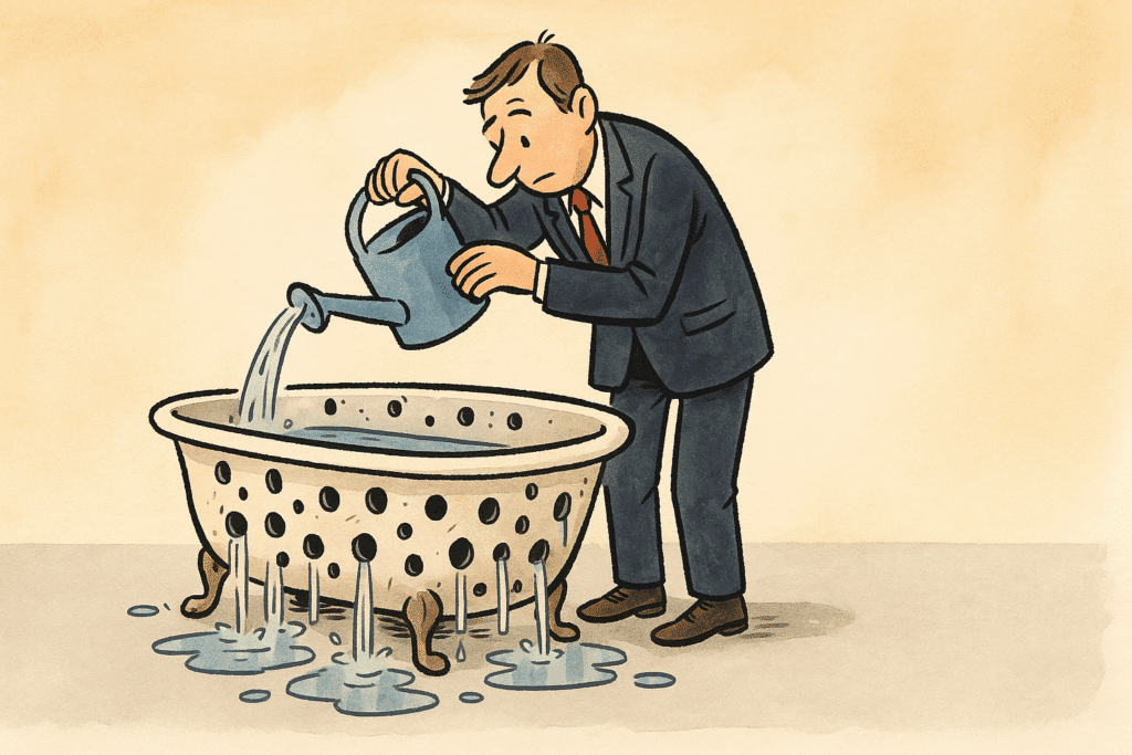 Illustration montrant un manager vidant un seau d’eau dans une passoire, symbolisant l’effet de la dépense gâchée en recrutement commercial.