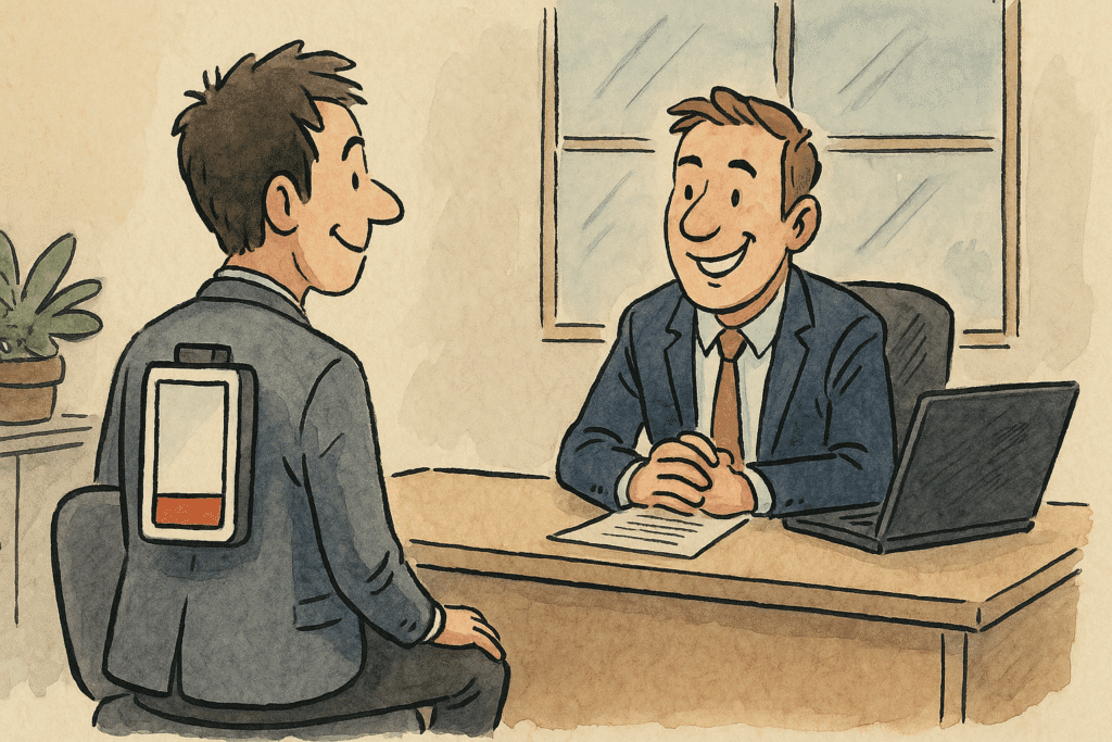 Illustration montrant un candidat très motivé en entretien, avec une jauge de batterie dans le dos, pour illustrer un piège classique du recrutement commercial.