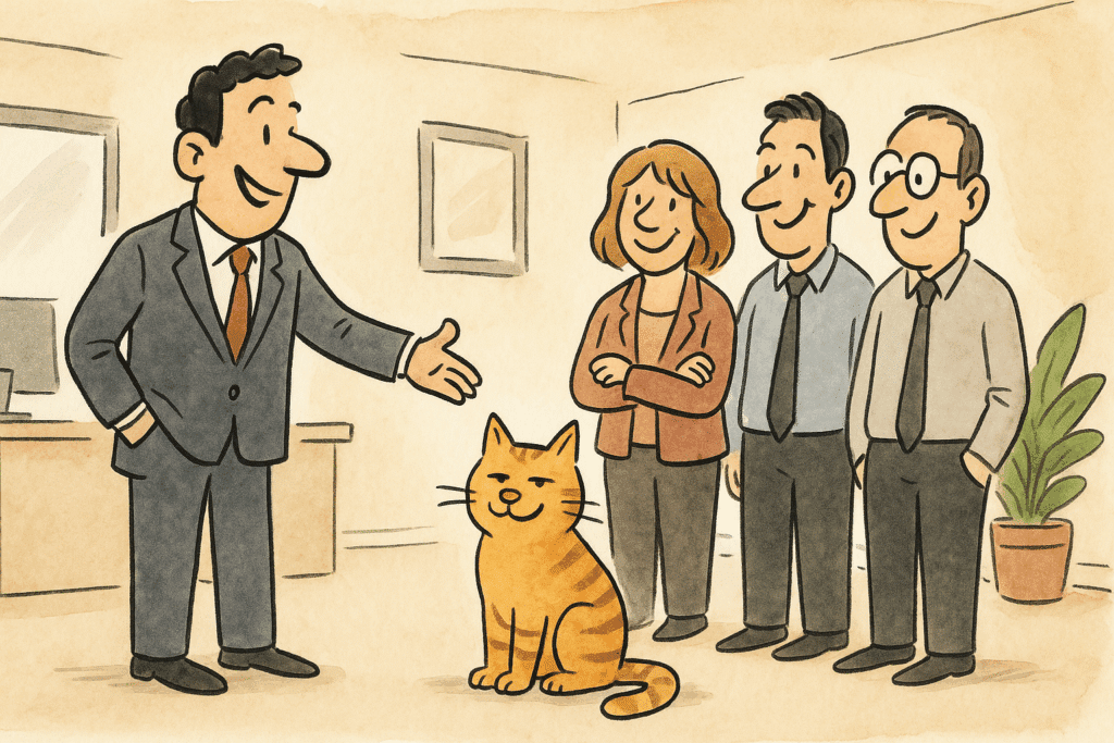 Illustration montrant un manager accueillant un nouveau collaborateur sous forme de chat, pour illustrer un piège classique du recrutement commercial