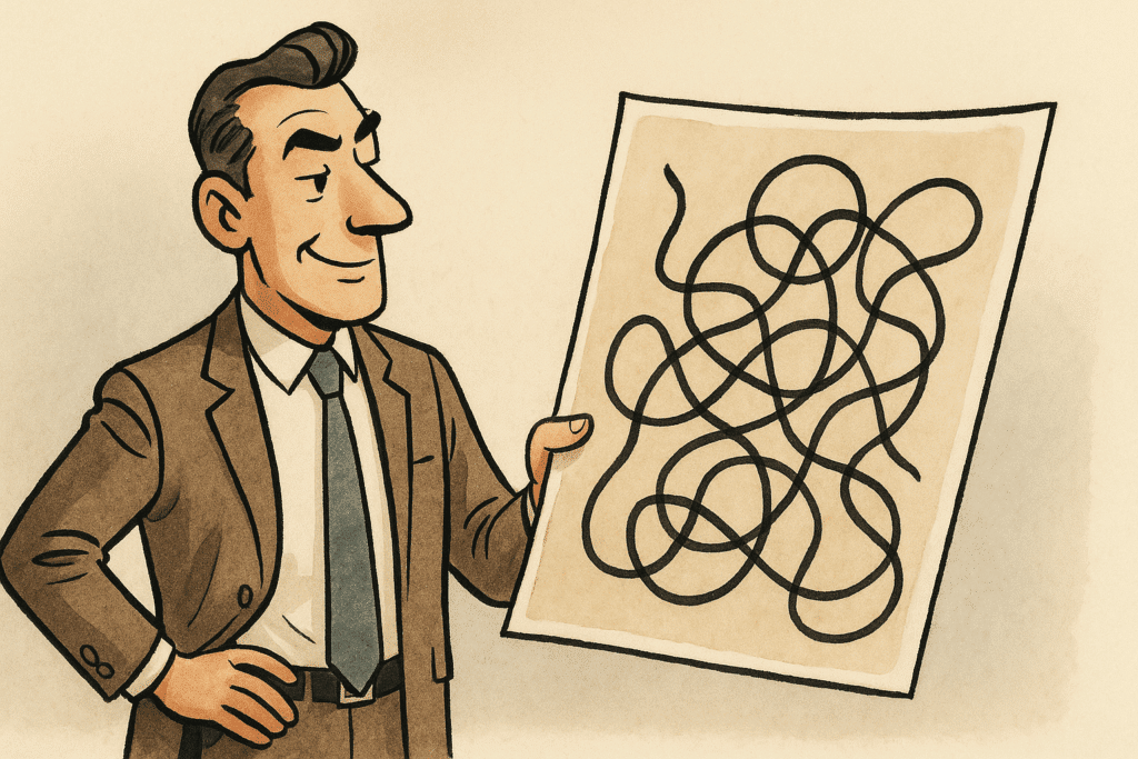 Illustration montrant un manager présentant un schéma illisible, symbolisant le manque de clarté sur les attentes lors d’un recrutement commercial.