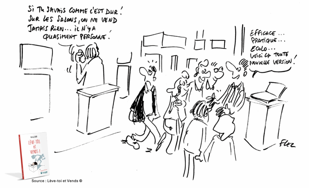 Commercial sur un salon professionnel discutant avec des visiteurs — illustration de la mauvaise prospection commerciale.